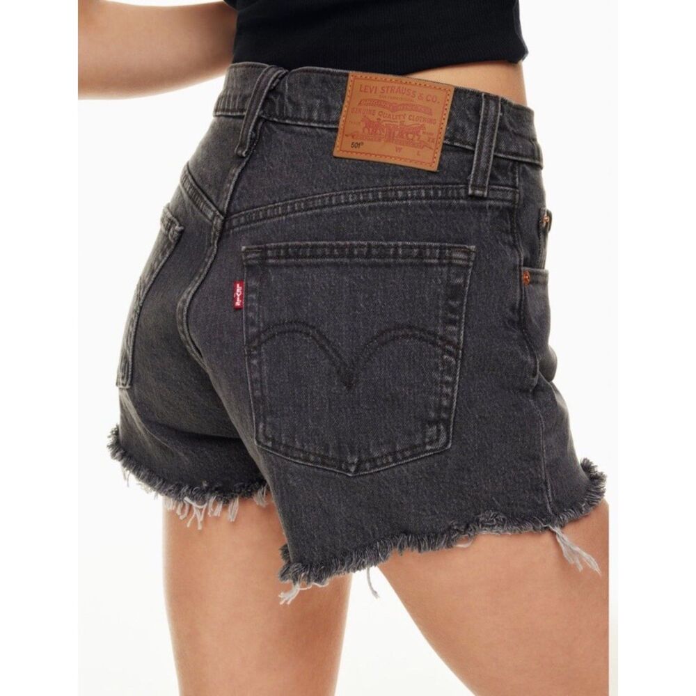 Levi's 501 Denim High Rise Shorts 26 Jean Cutoff Raw Hem Distressed Black